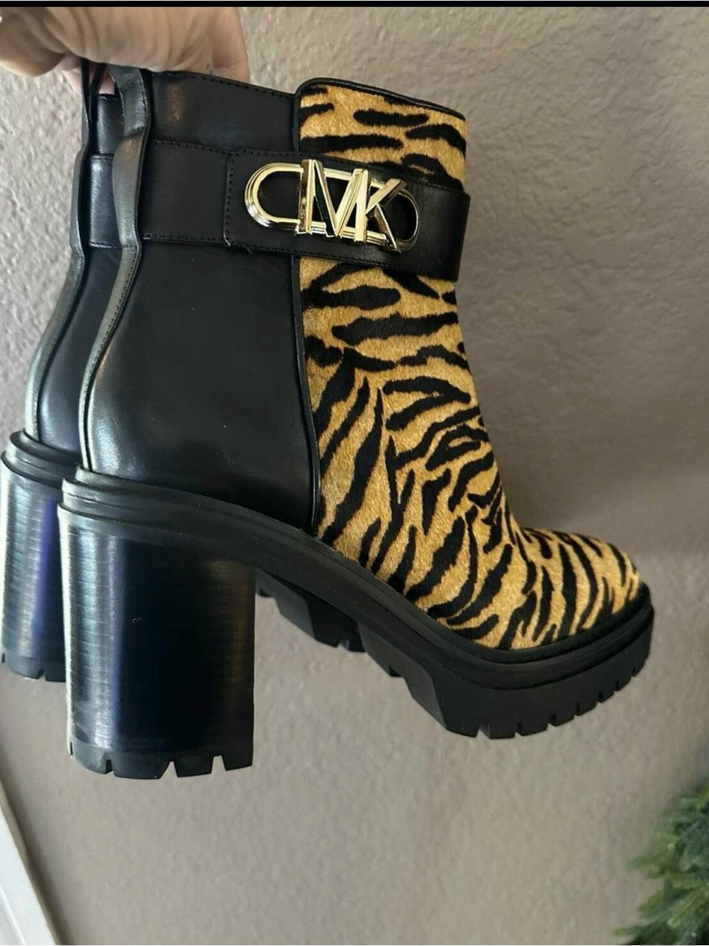 Michael Kors Black Leather & Tiger Print Ankle Boot with Gold MK Accent - Picture 2 of 3